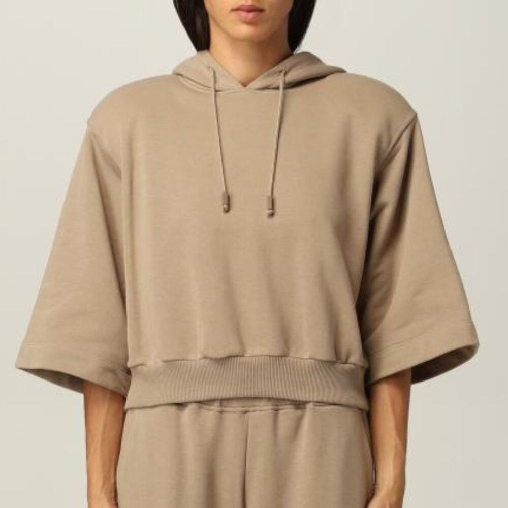 FEDERICA TOSI Cropped Hoodie Padded Shoulders Tan Camel {YY20}